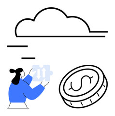 Woman holding puzzle piece with arrows near cloud and dollar coin, representing cloud computing, financial growth, teamwork, problem-solving, digital business, technology, simple landing page