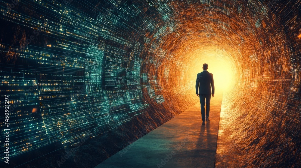 Poster the image of a figure standing alone at the end of a futuristic tunnel serves as a powerful symbol f