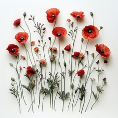 Arrangement of red poppy flowers and various plants on a white background
