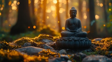 In a lush, vibrant garden, a serene Buddha statue, symbolizing peace and enlightenment, is situated, surrounded by soft, natural light, exuding an aura of calmness