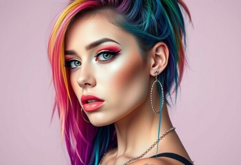 Naklejka premium Photorealistic portrait of a female with rainbow-dyed hair and edgy makeup