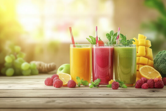 of fresh fruits and vegetables on wooden table vibrant smoothies and nutritious salads organic products in kitchen.