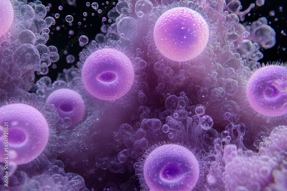 Poster microscopic view of purple and white cells interconnected in a 3d rendering
