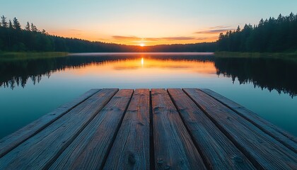 Serene sunset over calm lake, wooden dock