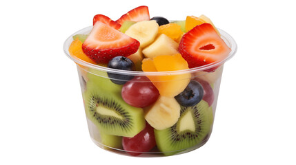 A clear plastic cup filled with assorted cut fresh fruit pieces inside isolated on transparent background	