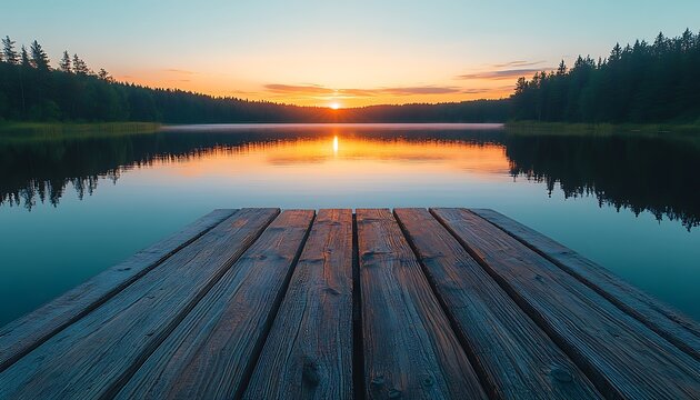 Serene sunset over calm lake, wooden dock