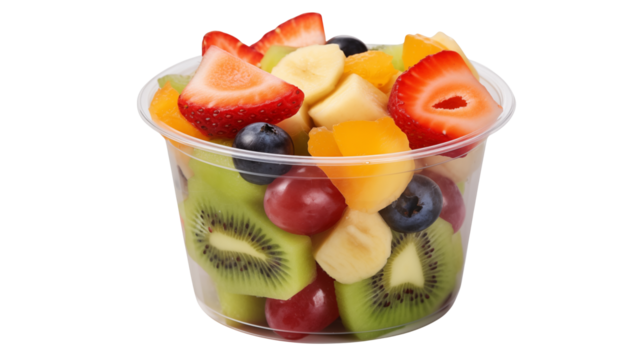 A clear plastic cup filled with assorted cut fresh fruit pieces inside isolated on transparent background	