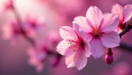 Obraz premium Full bloom sakura, overlapping petals, vibrant pink hues, macro, beautiful, nature