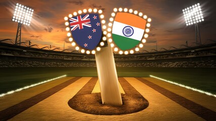 Cricket stadium showdown featuring New Zealand vs. India team shields and dramatic lighting