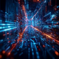 Obraz premium High-speed digital data flow on a circuit board with red and blue trails