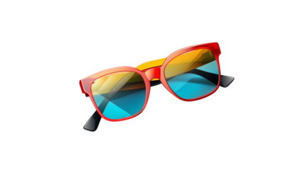 Red framed sunglasses with blue and yellow lenses isolated on transparent background	