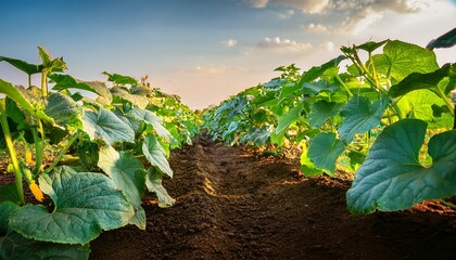green cucumber growing in field vegetable for harvesting