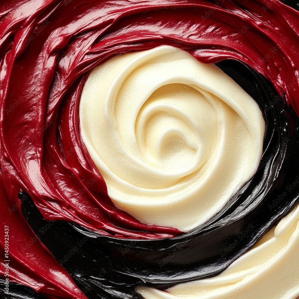 Poster red and white paint combine in an abstract swirling pattern with a prominent central sphere