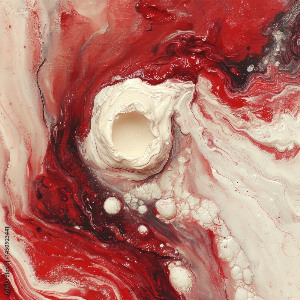 Poster central sphere surrounded by a dynamic swirl of red and white paint in an abstract design