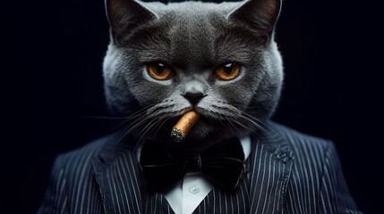 Grey Cat in Pinstripe Suit with Cigar – Mafia Style Art Print
