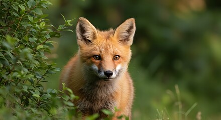 Fototapeta premium A Curious Fox Peeking from Behind a Bush, Its Ears Alert and Tail Flicking in the Wind