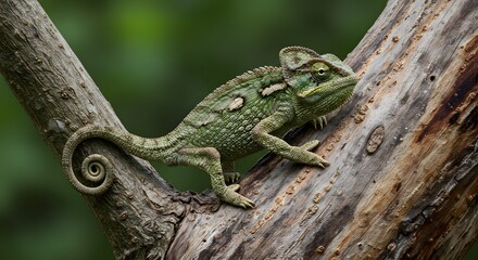 Fototapeta premium A Chameleon Blending into the Bark of a Tree, Its Color Shifting with the Environment
