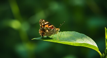 Fototapeta premium A Butterfly Landing Gently on a Sunlit Leaf, Its Wings Shimmering in the Morning Light