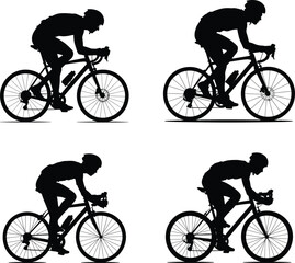 Set of Cyclist Riding Road Bike Silhouettes – Side View with Helmet and Detailed Frame in Solid Black Vector on White Background