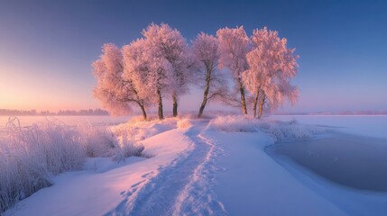 Obraz premium Enchanting Winter Sunrise Frost-Covered Trees by a Frozen Lake