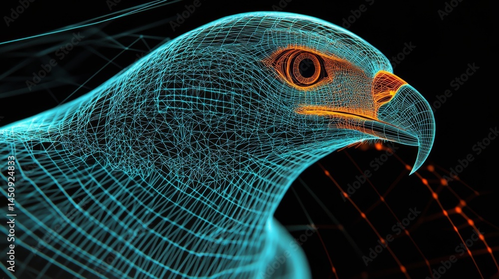 Poster rendering of a dynamic eagle created digitally with contrasting blue and orange particles on a black