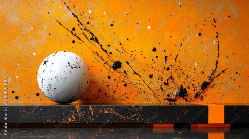 Poster an abstract sphere is exploding on a background composed of geometric stripes