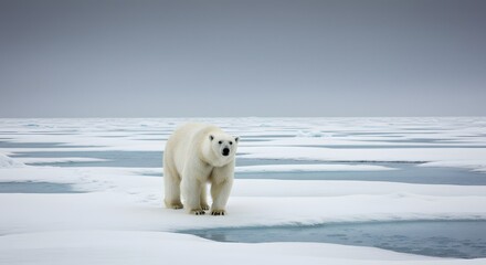 A Polar Bear Walking Alone on a Sheet of Ice, Its Massive Paws Leaving Tracks in the Snow