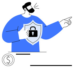 Bearded man holding a shield with a lock icon, emphasizing safeguarding and pointing ahead. Ideal for security, trust, financial protection, cybersecurity, guidance, future planning, flat simple