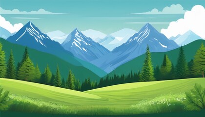 mountains landscape with meadow and trees illustration