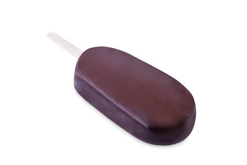 Chocolate vanilla ice cream stick with dark chocolate glaze on a white isolated background