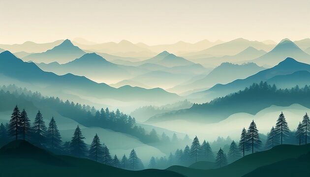 beautiful mountains landscape in the foggy morning illustration layered trees and hills outdoor background