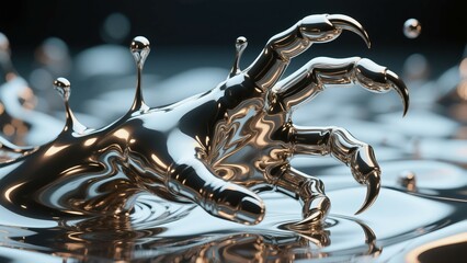 A silver hand with a liquid drop coming out of it