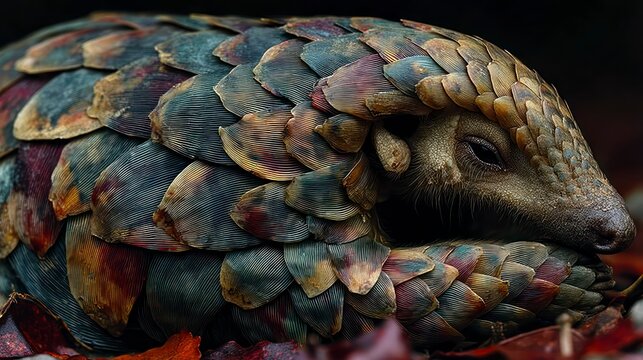 A scaled creature curled up in a protective ball showcasing intricate patterns and vibrant col