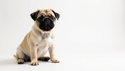 Playful pug, sitting alone against stark white backdrop , brown pug, pet photography