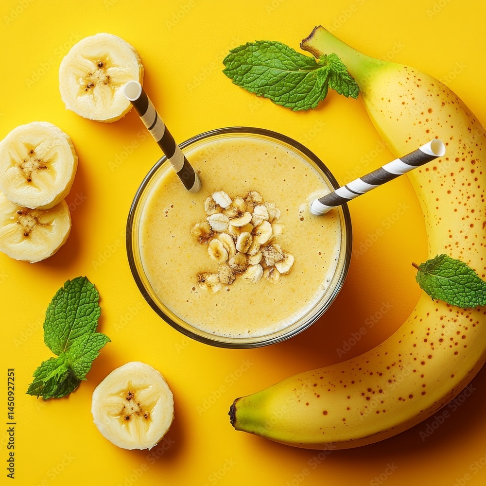 Poster The image features a banana smoothie with a creamy consistency and a sprig of mint, all on a yellow background