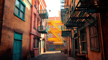 Fototapeta premium A vibrant narrow alleyway winds between colorful vintage brick buildings with fire escapes, creating a sense of depth and urban exploration du daylight hours.