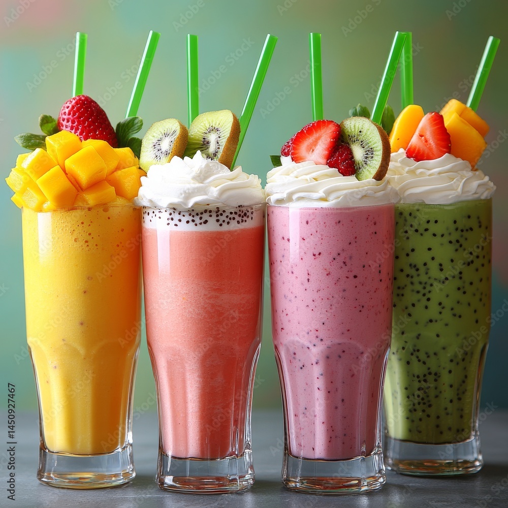 Poster four fruit smoothies bursting with color come adorned with whipped cream and an array of fresh fruit