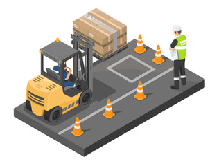 Isometric illustration of forklift operation training with safety cones and supervisor monitoring in industrial warehouse setting © AllahFoto
