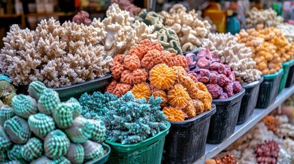 Vibrant Collection of Assorted Corals in Baskets at a Market Stall