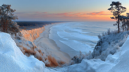 Frozen winter landscape overlooking a snow-covered beach and icy cliffs, with a stunning sunrise