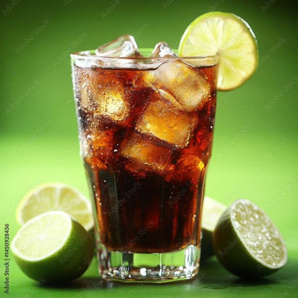 Poster the image features a refreshing cola beverage garnished with lime slices and served with ice cubes a