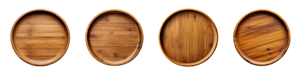 Set of empty round bamboo plates isolated on transparent background