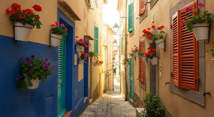 A Narrow Alley Between Tall Mediterranean-Style Buildings with Colorful Shutters and Hanging Flower Pots