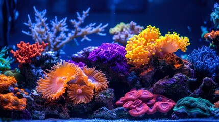 Fototapeta premium Vibrant Reef Aquarium Scene Colorful Corals and Underwater Life