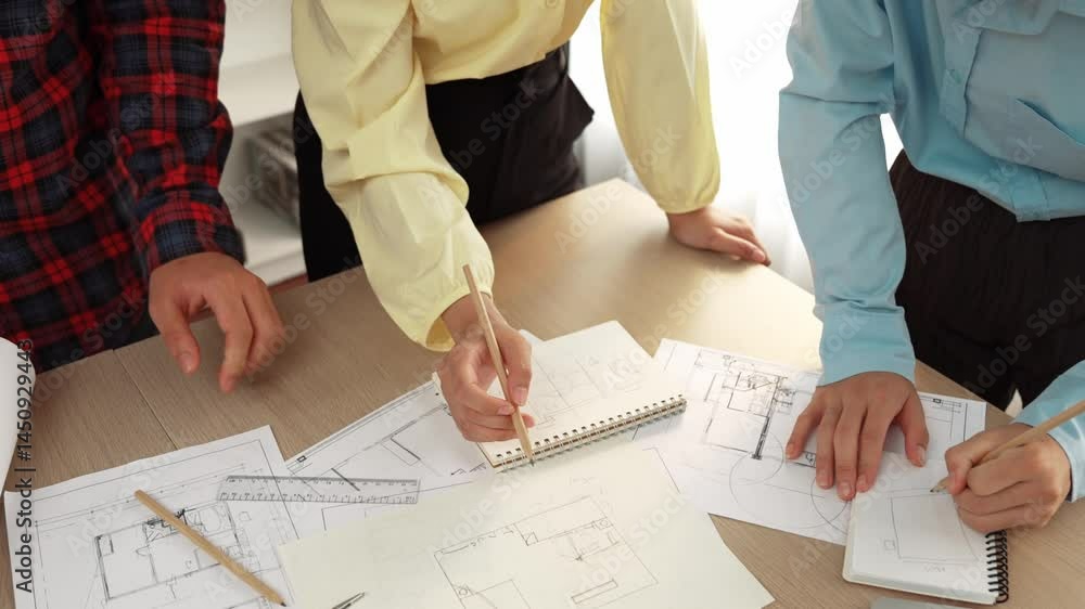 Poster architect and safety engineer discussion about building blueprint displaying on laptop on table usin