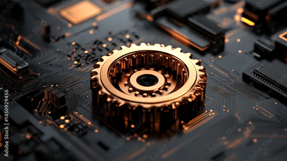 Poster a futuristic component for microchips with connectors made of gold on a circuit board