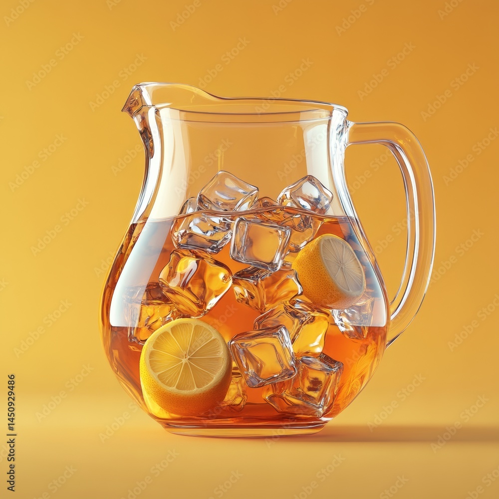 Poster the image features a lemonade pitcher accompanied by ice cubes and lemon slices on a yellow backgrou