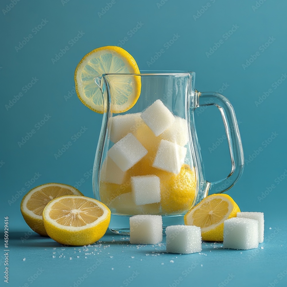 Poster the image features a refreshing pitcher of lemonade filled with ice and lemons against a blue backdr