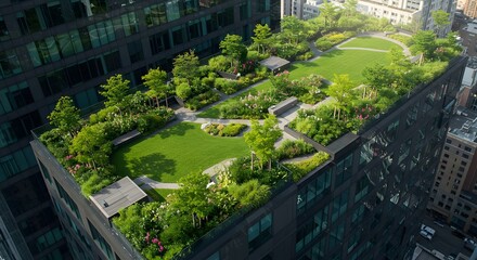 A Rooftop Garden on a Busy Urban Skyscraper Covered in Grass, Shrubs, and Walking Paths