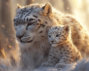 Obraz premium Snow leopard mother and cub in winter